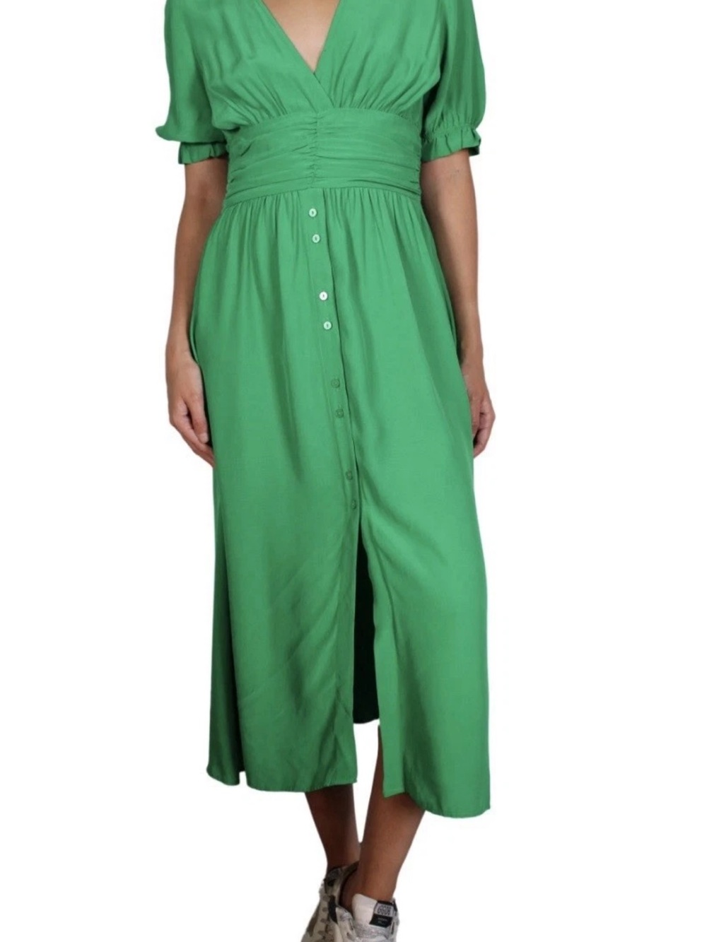 Zara Green V-Neck Button-Front Midi Dress